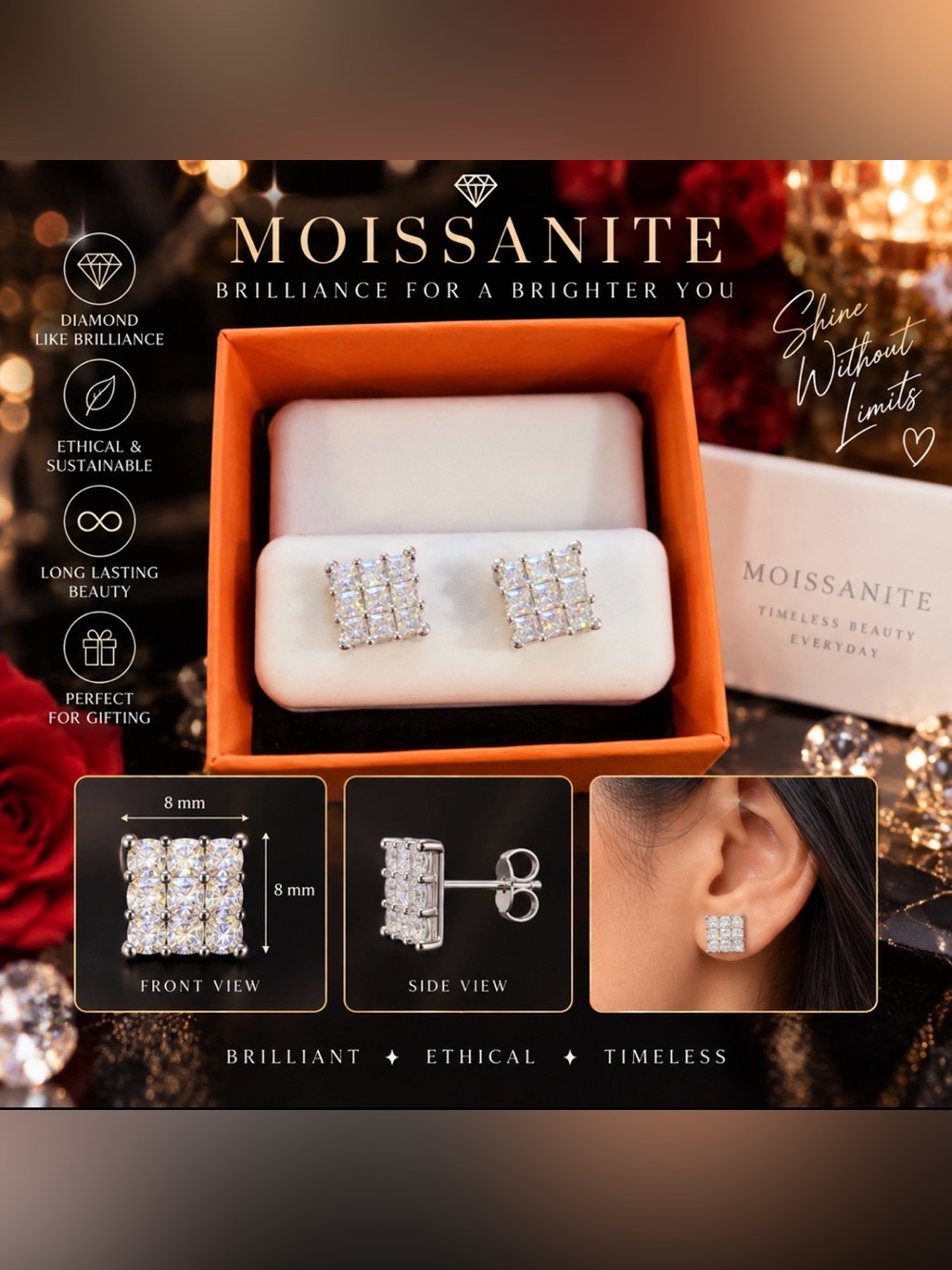 Moissanite Square Cluster Stud Earrings - Silver Clear